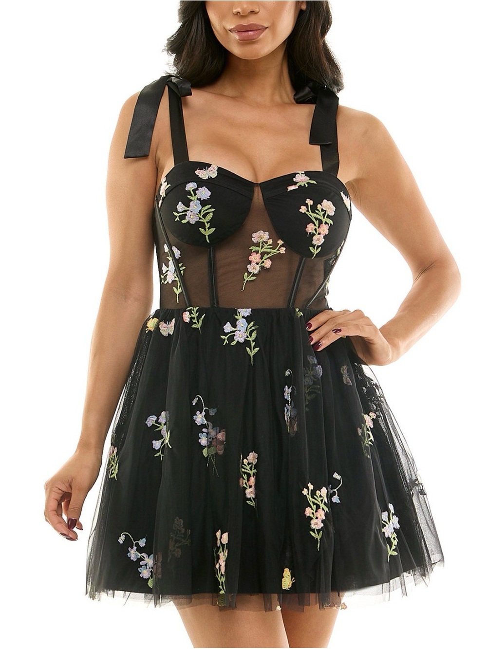 City Studios Embroidered Tulle Mesh Bow Strap Mini Dress NWT Black Pink 9/10 Y16